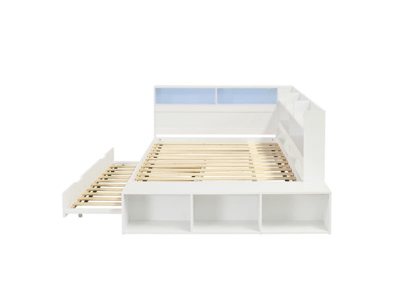 Lit coffre 120 x 200 cm, avec lit gigogne 90 x 190 cm, espace de rangement semi-circulaire, led, charge, banquette, blanc - Conforama A