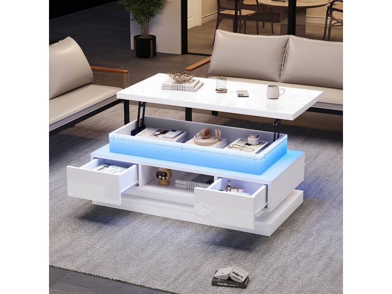  Table basse relevable 100x50 cm avec led et port usb, 2 tiroirs, rangement caché, finition brillante, blanc  - Conforama B