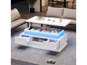 Table basse relevable 100x50 cm avec led et port usb, 2 tiroirs, rangement caché, finition brillante, blanc