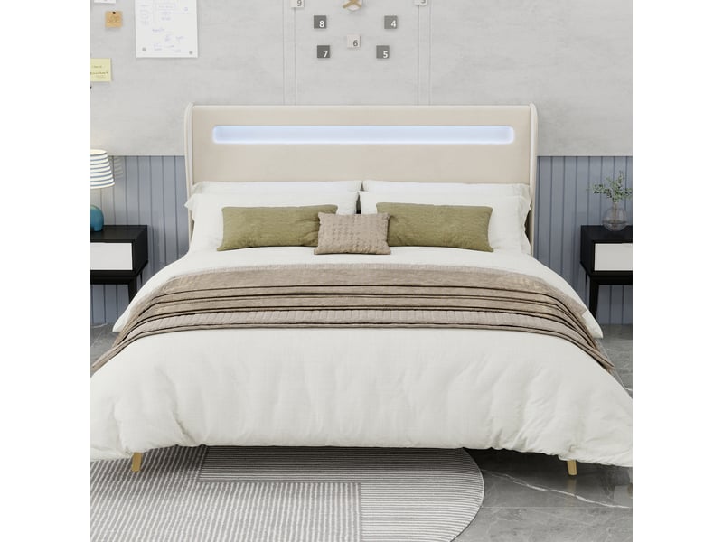  Lit 160x200 cm minimaliste avec tête capitonnée et base surbaissée led, sans rangement, sans matelas  - Conforama E