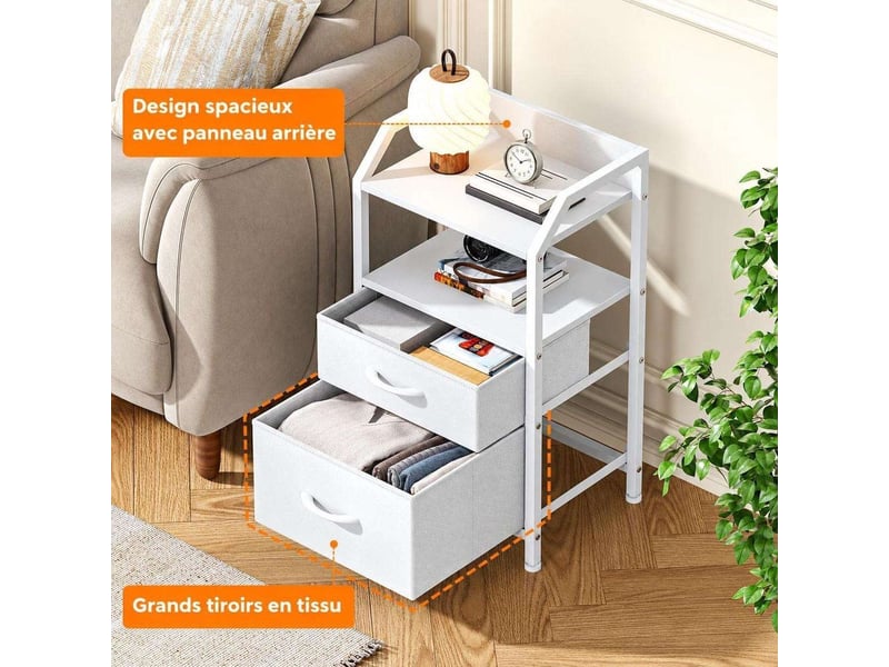  Table de chevet 40x30x70 cm deux tiroirs tissu etagere ouverte blanc pur moderne  - Conforama C