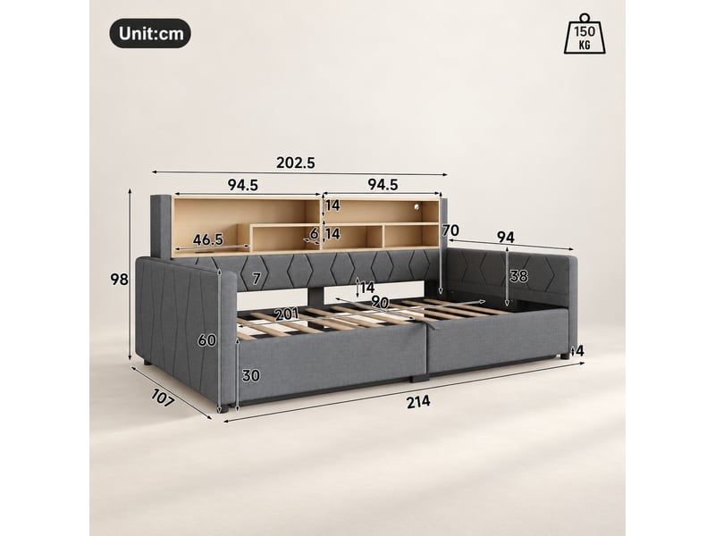  Lit banquette coffre 90 x 200 cm gris, rangement hydraulique, led, prises usb-a et usb-c, sans matelas  - Conforama C