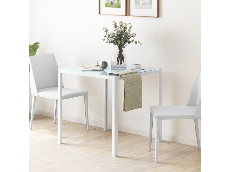  Table de salle à manger pour 4 personnes avec plateau en verre et cadre métallique, cuisine, 75×75×75 cm, blanc  - Conforama C