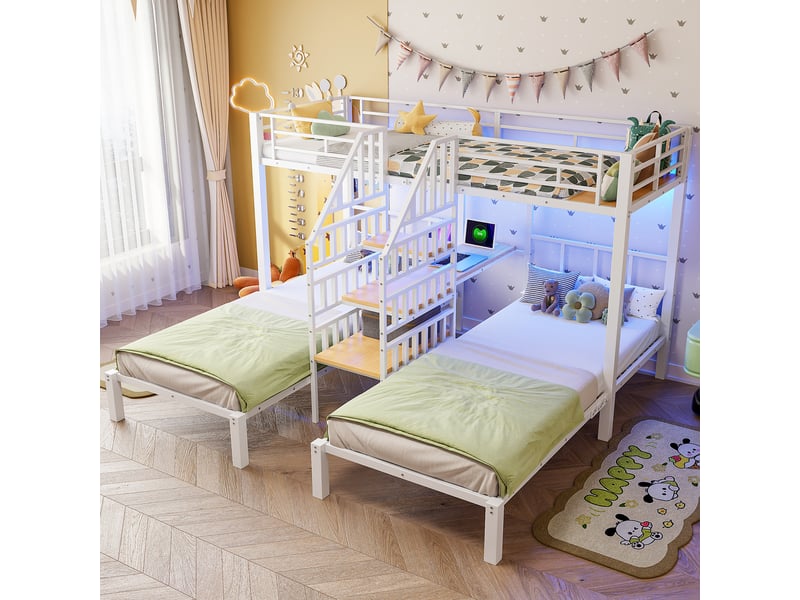  Lit superposé 90x200 cm avec bande lumineuse led et bureau, 3 couchages, lit enfant 2 ports usb + 1 prise électrique, blanc  - Conforama C