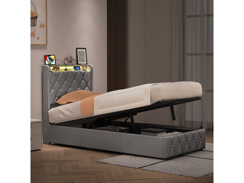  Lit coffre simple 90x200 cm avec tête de lit matelassée et sommier, led et ports usb-c, velours, gris, sans matelas  - Conforama W