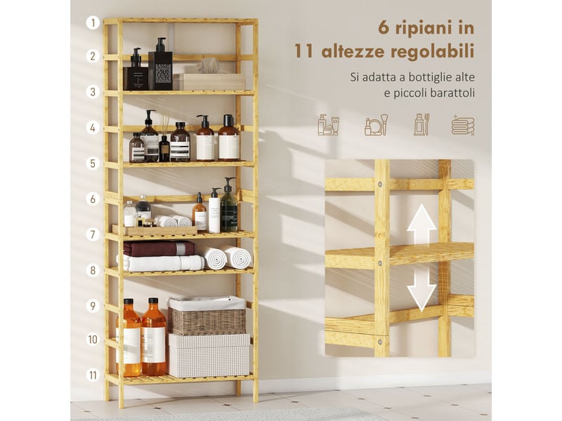  Bibliothèque en bambou à 6 niveaux avec étagères réglables, 60 x 26 x 161 cm, bois naturel  - Conforama D