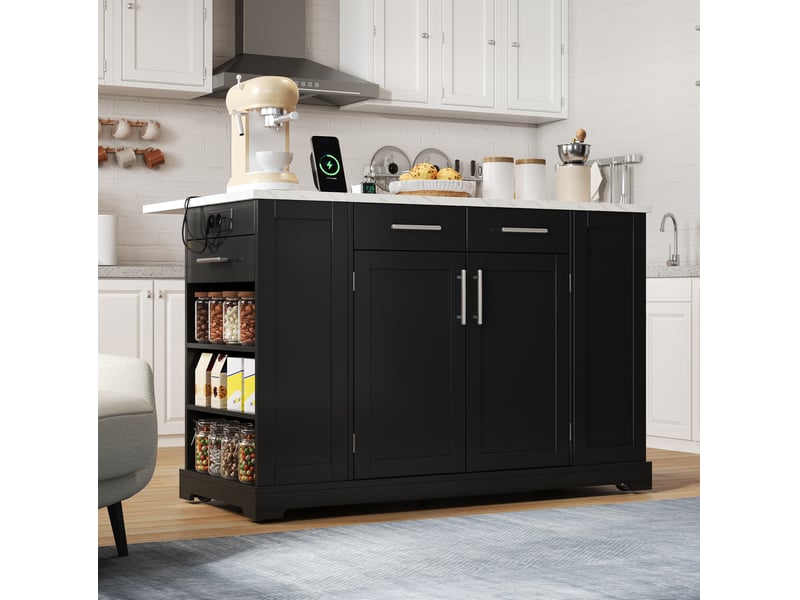  Îlot de cuisine 138 cm, plateau rabattable, prises et usb-c, roulettes, noir  - Conforama E