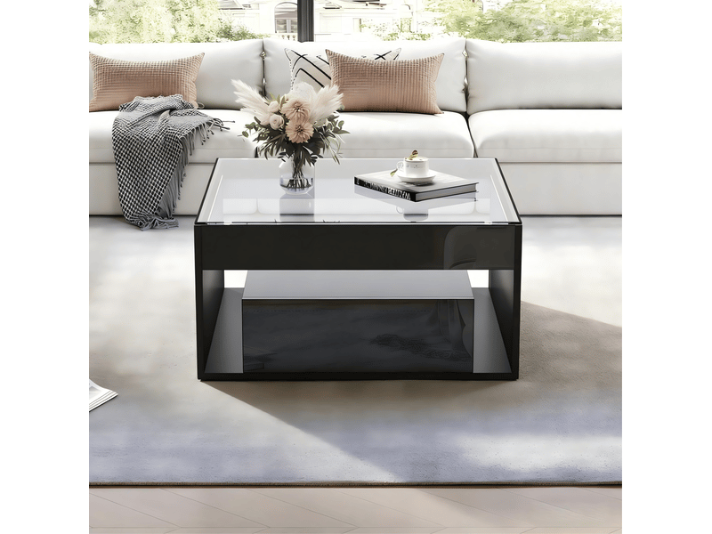  Table basse carrée 70 x 70 cm, 2 tiroirs, led et plateau en verre trempé noir  - Conforama D