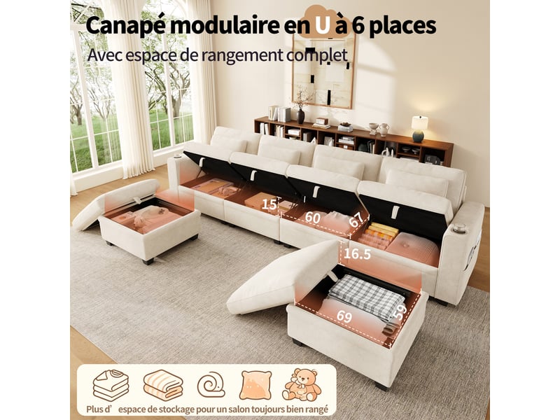 Canapé d’angle modulable convertible 6 places en chenille beige, coffres, 2 poufs, usb-c et dossier réglable - Conforama D