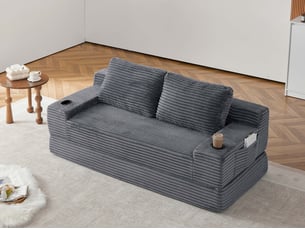 Canapé droit-lit 2-en-1 en velours côtelé, 2 coussins déco, porte-verres et rangements, 62x180x85 cm, gris