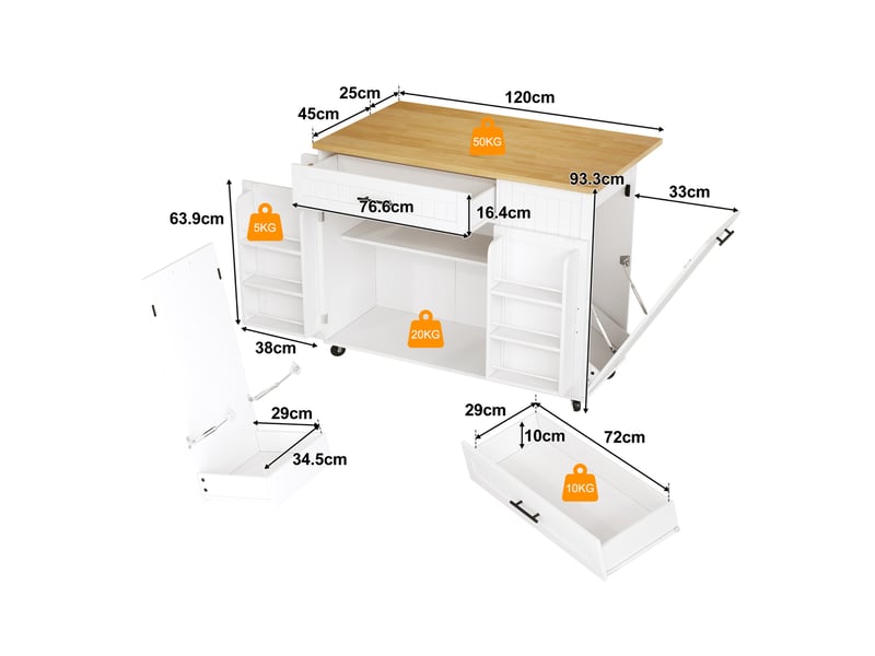  Desserte de cuisine mobile 130 x 70 x 93 cm blanche en mdf, plan de travail rabattable et rangement  - Conforama C