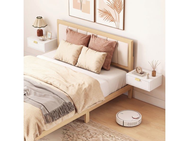  Lot de 2 tables de chevet murales, tables de nuit suspendues avec tiroir ondulé, 40 x 30 x 15 cm, blanc  - Conforama D