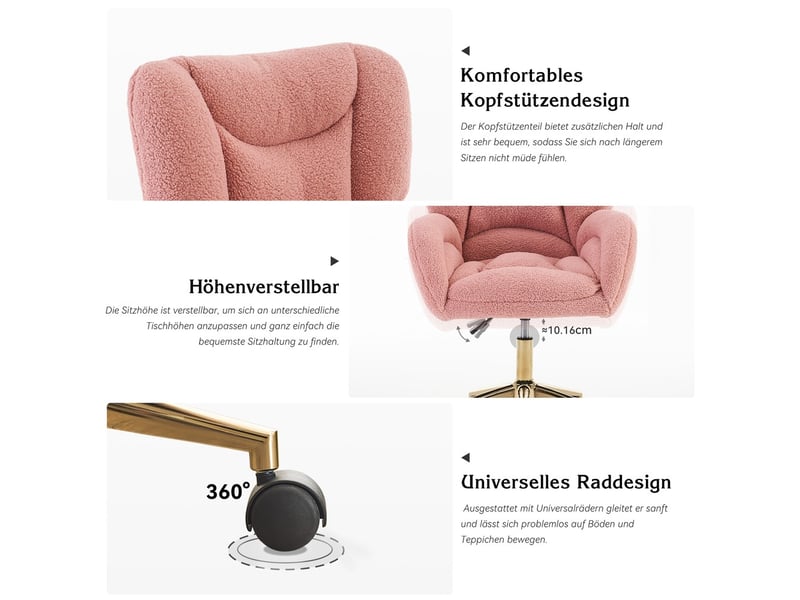  Fauteuil de bureau rose en tissu teddy réglable en hauteur avec pieds dorés pour home office  - Conforama E