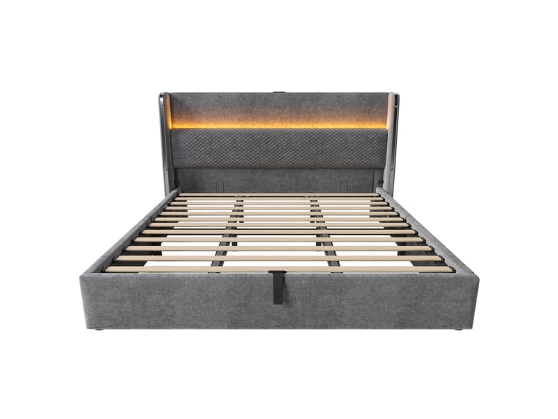 Lit hydraulique avec haut tête en lin gris 180x200 cm - Conforama A