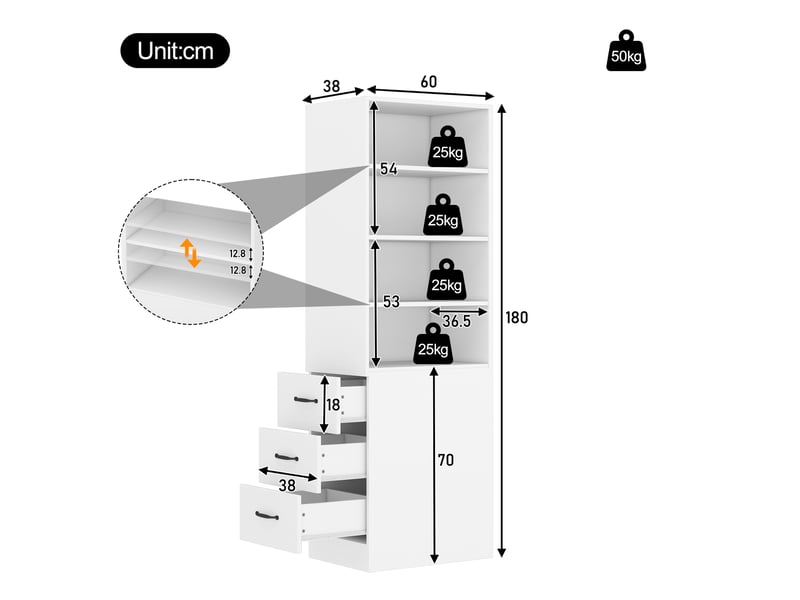  Bibliothèque étroite 180 cm, meuble de rangement avec tiroirs latéraux, armoire haute blanche de salon pour petits espaces.  - Conforama C