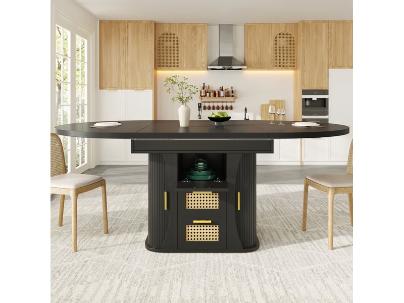  Table à manger extensible 118158x118x77.1 cm avec tiroirs aspect rotin en mdf noir  - Conforama D