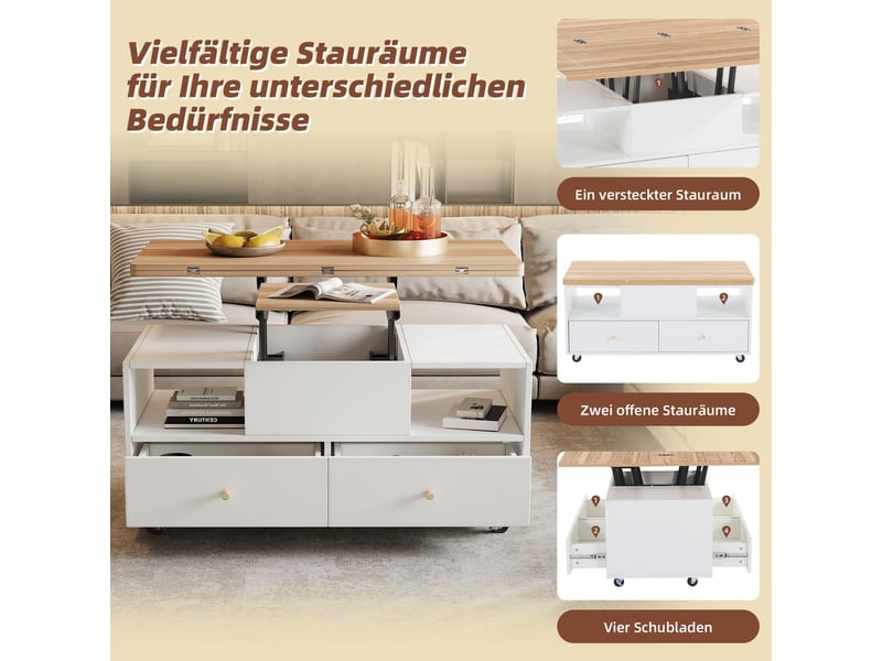  Table basse 100x50x50, réglable en hauteur pivotante avec 4 tiroirs et roulettes universelles table basse salon  - Conforama E