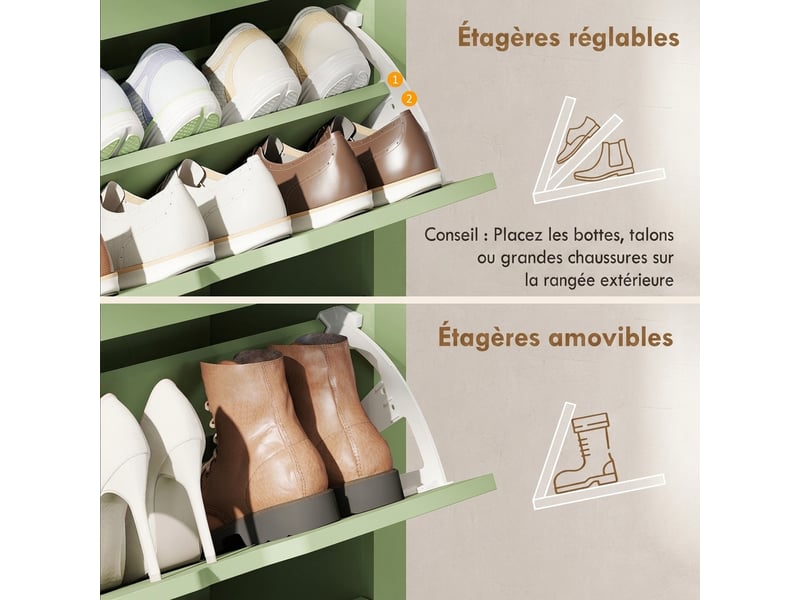  Meuble à chaussures 18 paires, armoire à chaussures à haute brillance, 3 tiroirs rabattables, étagères réglables, vert  - Conforama R