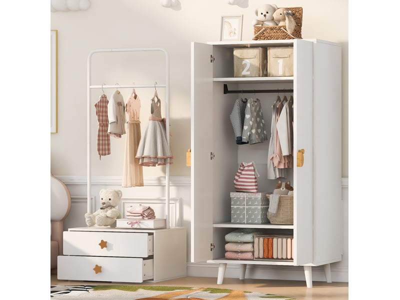  Armoire 2 portes avec penderie et 2 tiroirs, poignées fantaisie, pieds surélevés pour chambre d'enfant, blanc  - Conforama C