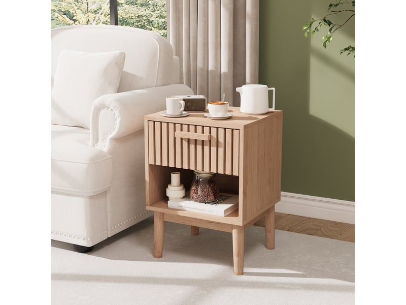  Lot de 2 tables de chevet en bois effet chêne - 40x35x55 cm - design à lattes avec 1 tiroir et 1 niche ouverte  - Conforama E