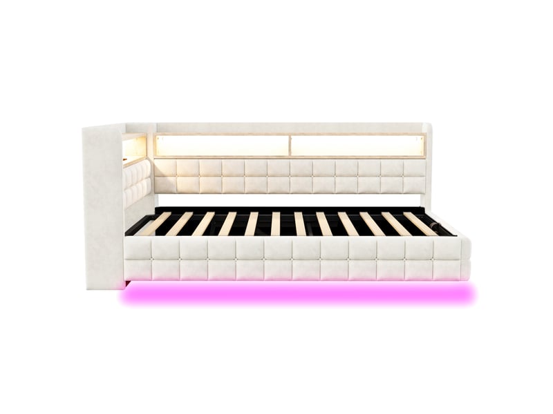  Lit canapé velours beige 90x200 cm avec rangement hydraulique, led, usb et étagère  - Conforama A