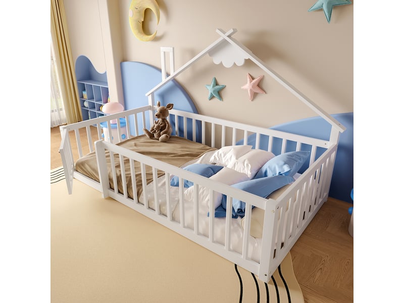  Lit enfant 90x190 cm en pin blanc, style maison, barrières avec fermeture, design sécurisé  - Conforama B