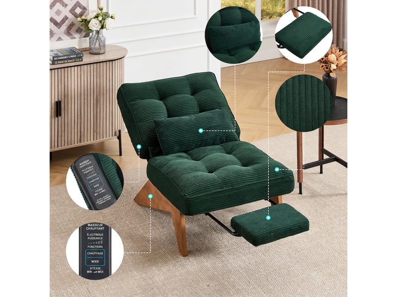  Fauteuil lounge réglable 127 x 73 x 90 cm en tissu vert avec repose-pieds, coussin lombaire et pieds en bois, design moderne  - Conforama C