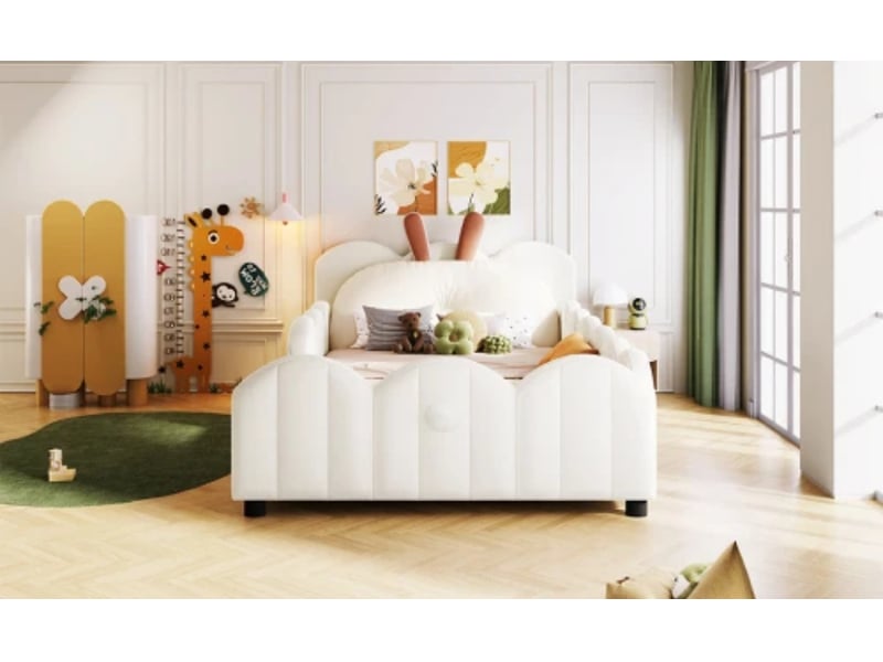 Lit plateforme capitonné, 90×200 cm, avec coussin en forme de lapin, beige - Conforama B