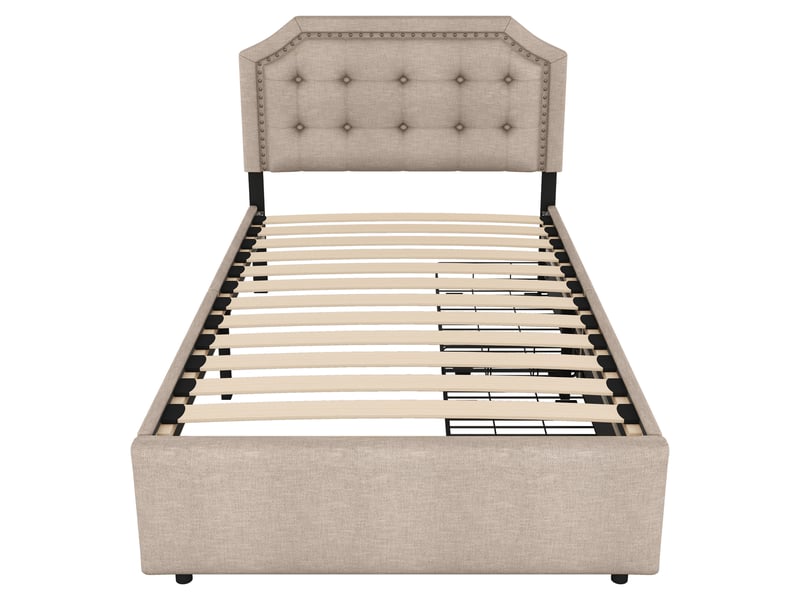 Lit rembourré beige foncé 90x200 cm avec détails cloutés et 2 tiroirs de rangement - Conforama A