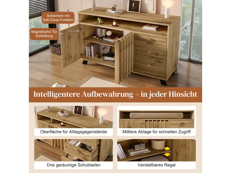 Buffet chêne foncé 120 cm, commode vintage 3 tiroirs et portes à lattes pour salon. Matelas non inclus.  - Conforama B