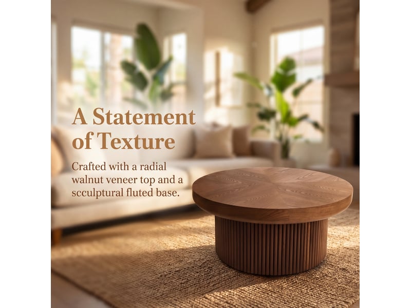  Table basse ronde – motif parquet et piètement cannelé – noyer – ø 78 x h 38,5 cm  - Conforama D