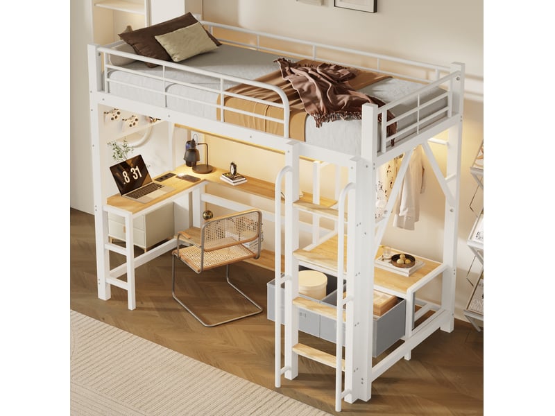 Lit mezzanine 90x200 cm avec bureau et rangements, éclairage led et ports usb, en métal, blanc, sans matelas - Conforama B