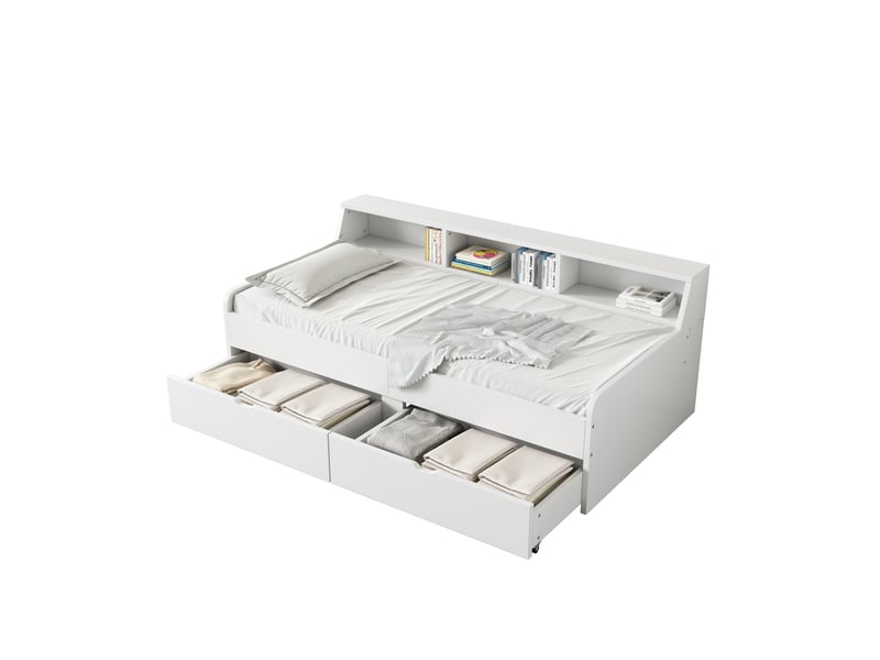  Lit banquette 90x200 cm avec 2 tiroirs et compartiments de rangement - pin massif et mdf blanc  - Conforama A