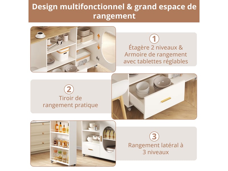  Îlot de cuisine extensible 120-180×60×90cm sur roulettes,table de bar rotative à 360 avec tiroirs et rangement,table à manger mobile,blanc  - Conforama E