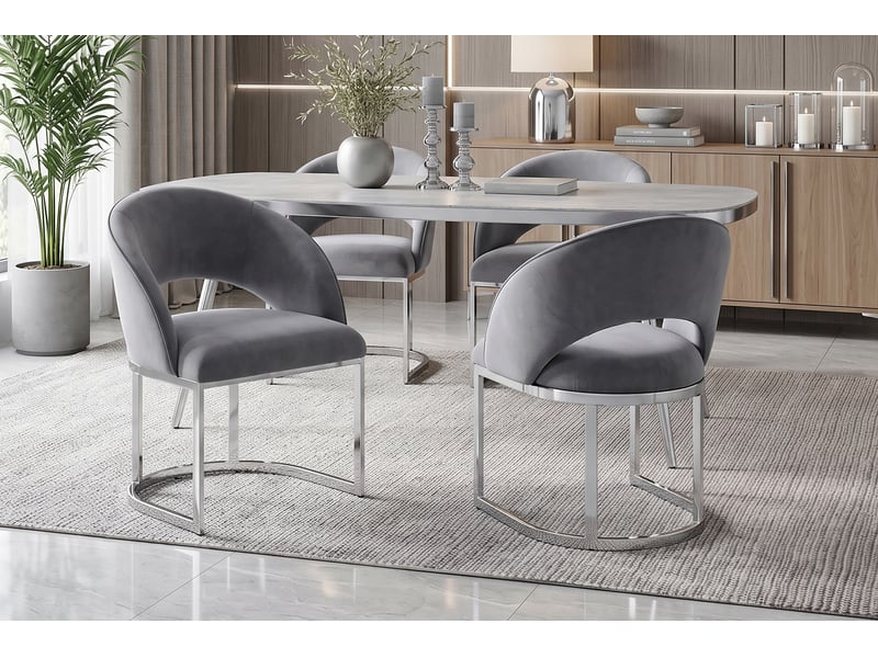  Lot de 2 chaises de salle à manger en velours gris avec pieds en métal argenté  - Conforama D