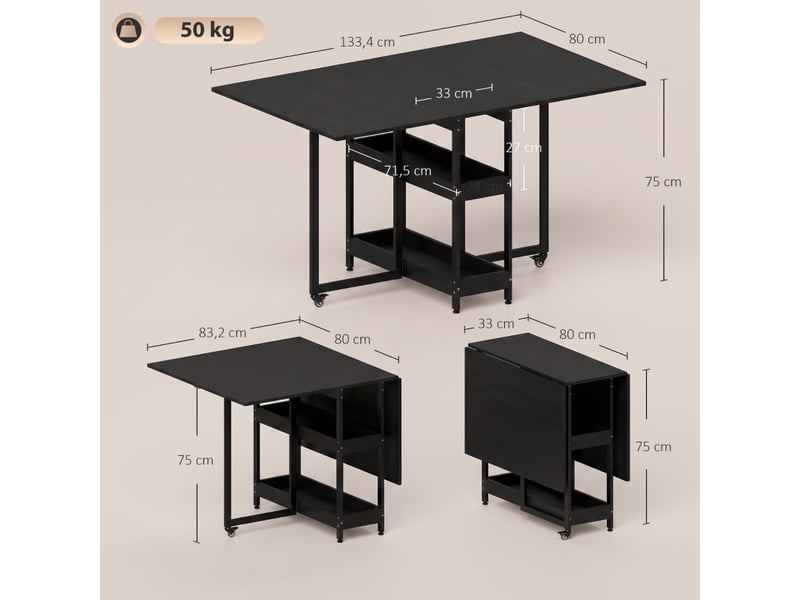  Table à manger pliante style industriel pour 4 personnes, étagères ouvertes, flexible, métal et panneau de particules, noir  - Conforama C