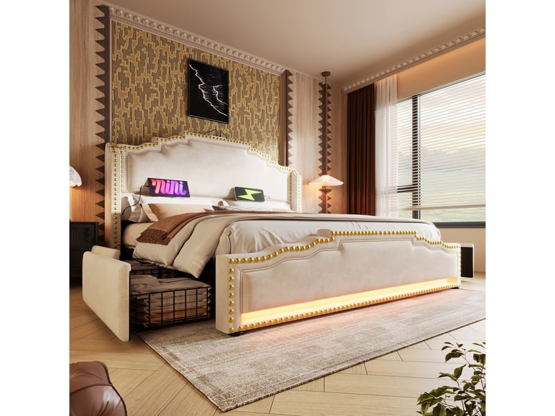  Lit adulte 160x200 cm, 4 tiroirs et led, ports usb et type-c, en velours, beige, matelas inclus  - Conforama C