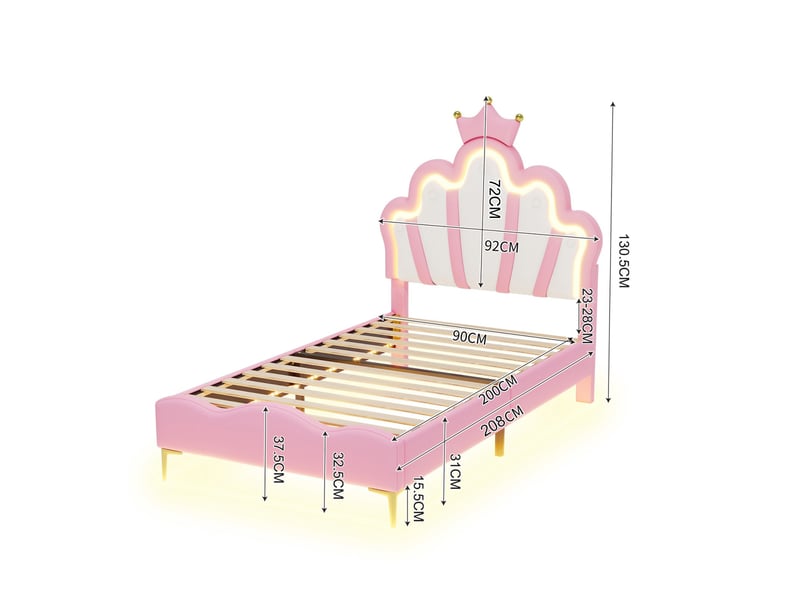  Lit simple 90x200 cm, lit enfant avec rgb led et tête de lit couronne réglable, lit capitonné avec sommier, rose  - Conforama E