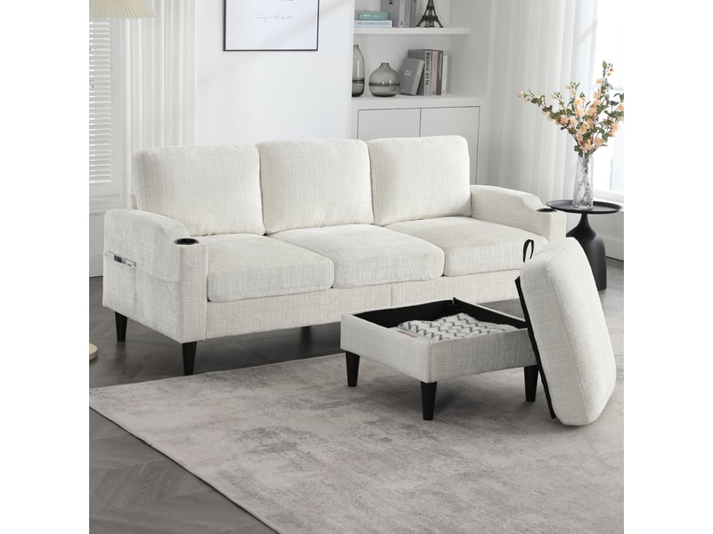  Canapé 4 places avec pouf de rangement beige en chenille  - Conforama C