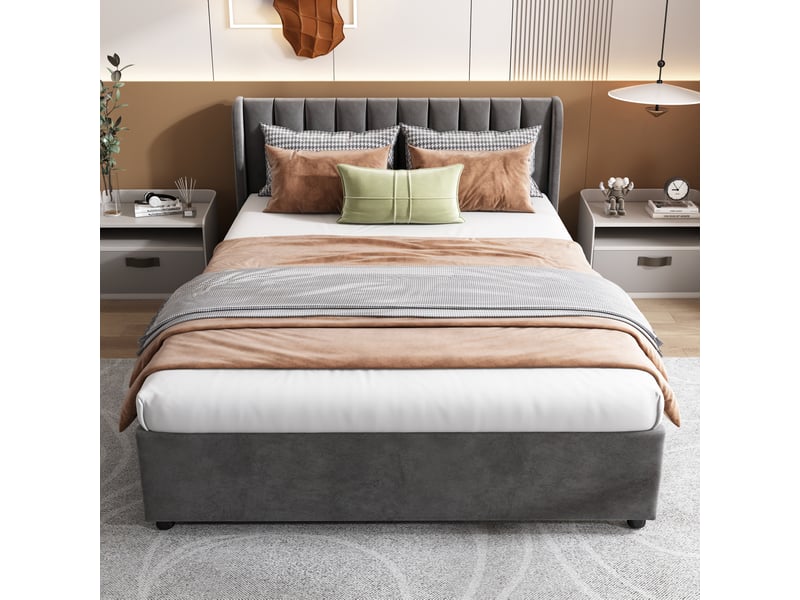  Lit rembourré 140 x 200 cm, sommier à lattes, dossier rembourré, 2 tiroirs de rangement, velours, gris Bliss Lite - Conforama D