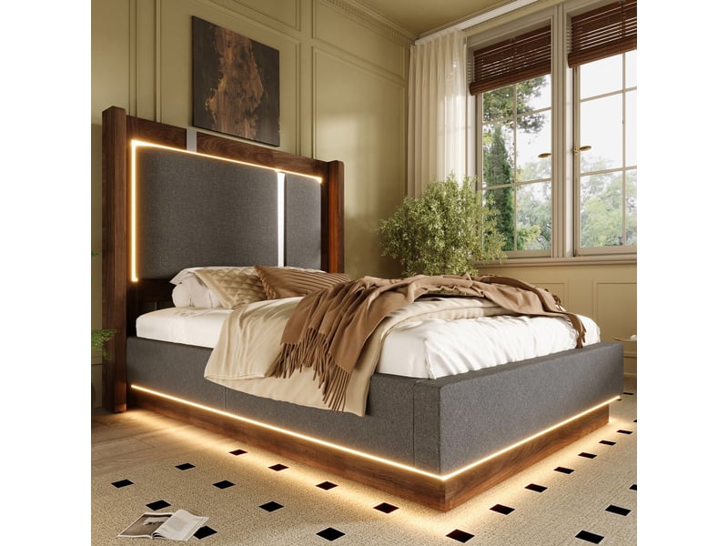  Lit coffre 90 x 200 cm lit simple éclairage led coffre rangement hydraulique revêtement lin coloris gris et noyer structure rembourrée  - Conforama B