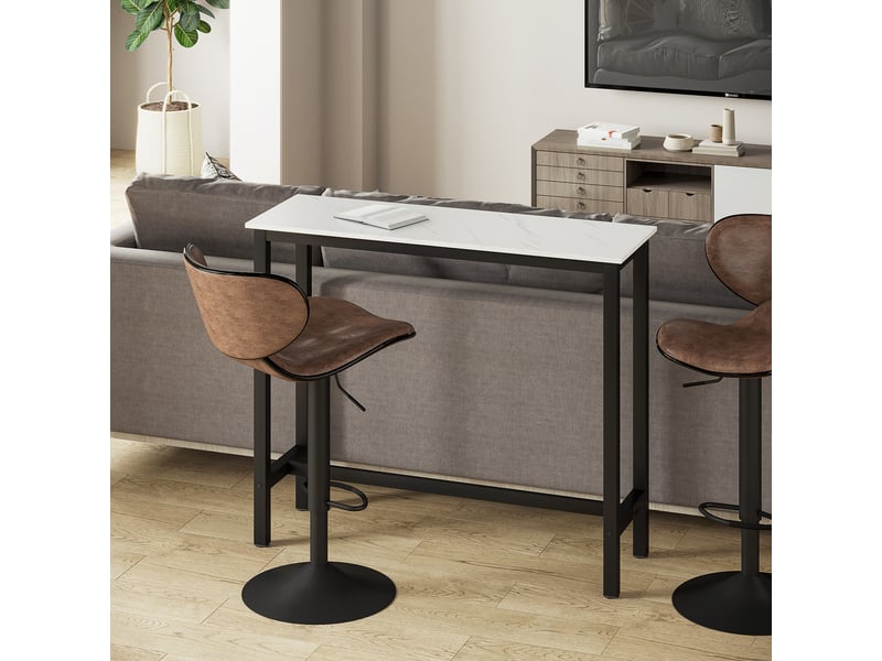  Table de bar table haute de cuisine mange-debout - dim. 120l x 40l x 100h cm - châssis piètement acier, plateau aspect marbre blanc  - Conforama C