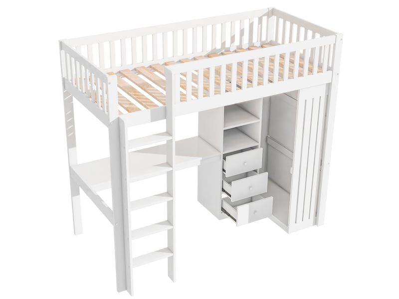 Lit mezzanine blanc 90x200 cm, bureau, armoire, 3 tiroirs et rangements intégrés - Conforama D