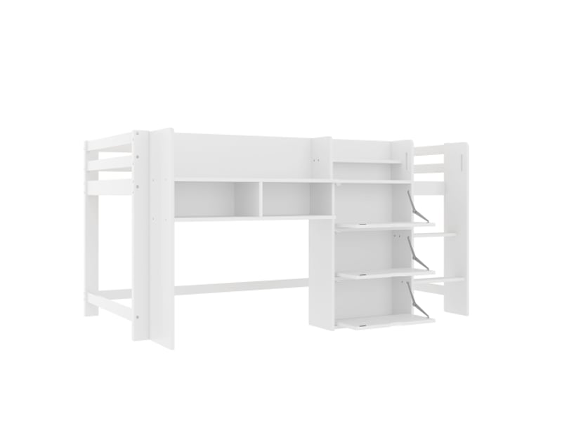  Lit mi-hauteur, 90 x 200 cm, forme maison, nombreux rangements, espace de jeu sous le lit, sans matelas, blanc  - Conforama D