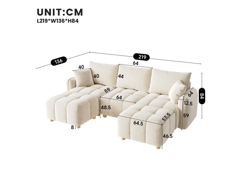 Canapé modulable 5 places 219x136x84 cm, forme lu avec 2 poufs et coussins, tissu chenille, accoudoirs larges, cloud-sofa pour salon, beige Bubbly - Conforama D