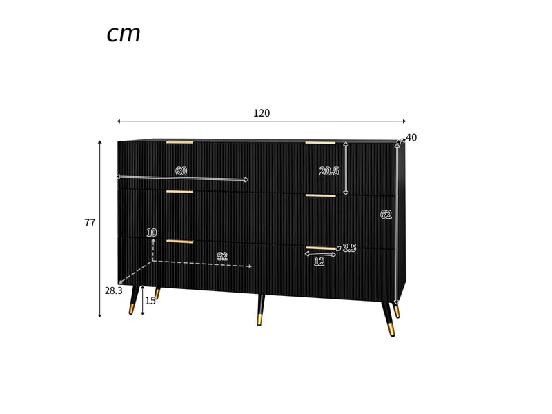  Buffet à 6 tiroirs avec façade ondulée, poignées et pieds dorés, en panneaux de particules noirs, 120 × 40 × 77 cm  - Conforama D