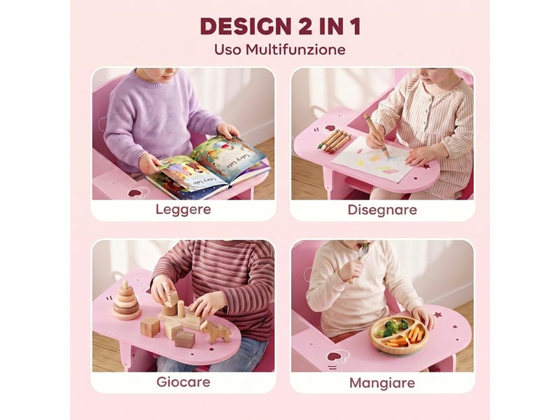  Ensemble table et chaises pour enfants de 3 à 5 ans, en mdf avec motifs de cœurs et rangement intégré, rose.  - Conforama E