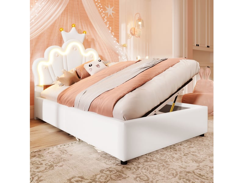  Lit coffre enfant 90x200 cm avec led tête de lit couronne blanc  - Conforama E