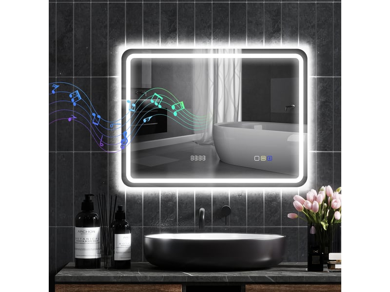 Miroir de salle de bain avec éclairage led 80x60 cm, bluetooth, 3 couleurs d'éclairage, horloge numérique, fonction antibuée et fonction mémoire - Conforama D