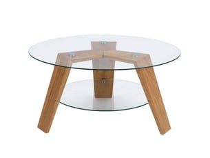 Table basse mca hwc-p59, table d'appoint, table basse, table de salon, bois massif, verre rond ø 75 cm, chêne